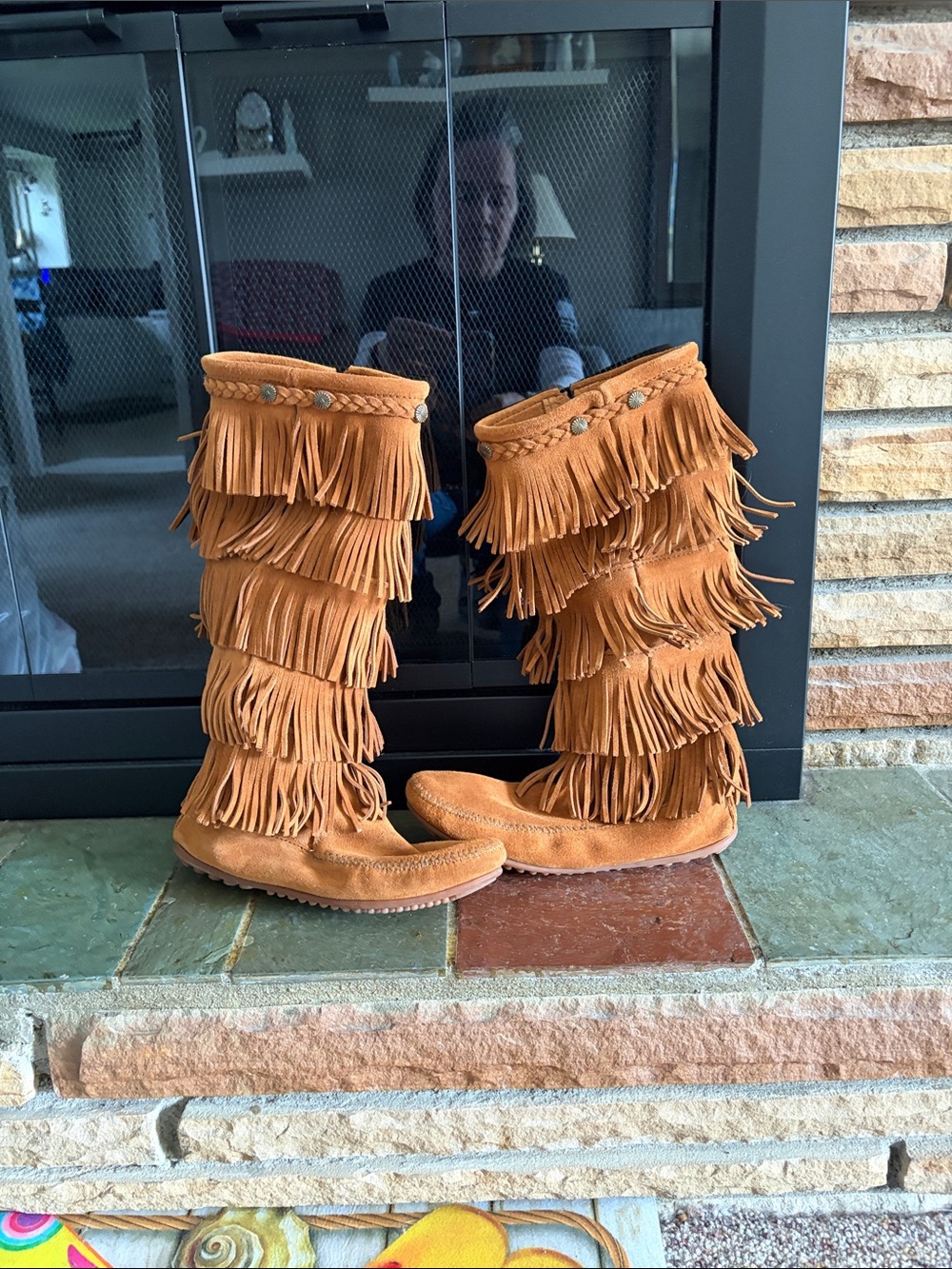 Minnetonka Tall Layered Fringe Moccasin Boots - Cognac Brown